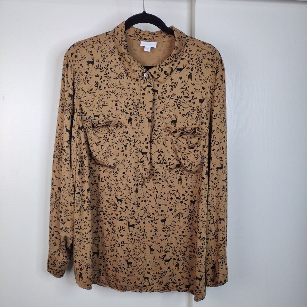 J Jill Popover Blouse Deer Botanical Print Plus Size 2X Brown Western Granola